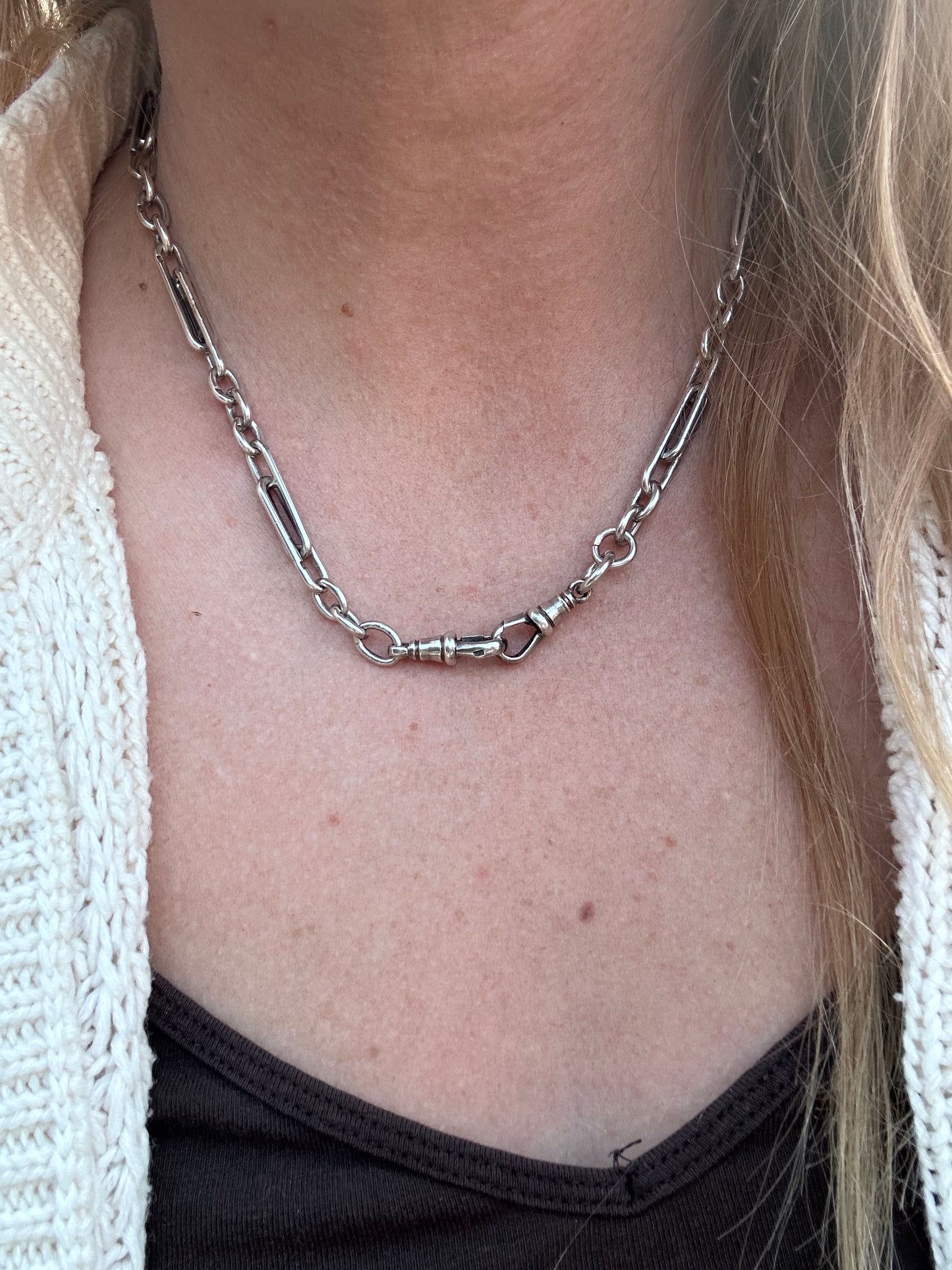 Antique Sterling Silver double Trombone chain with two dog clips