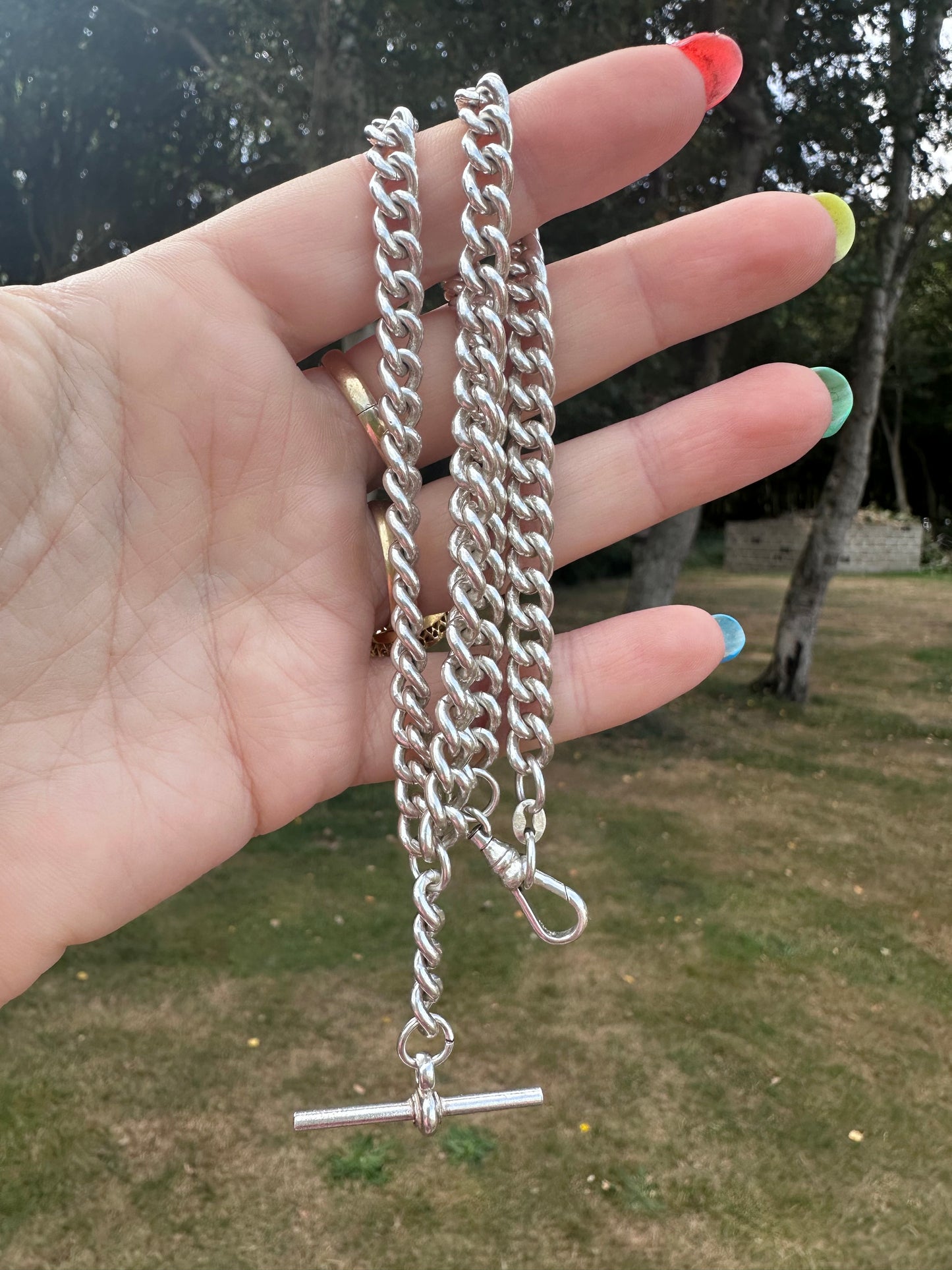 Vintage Sterling Silver curb Alber chain with T-bar