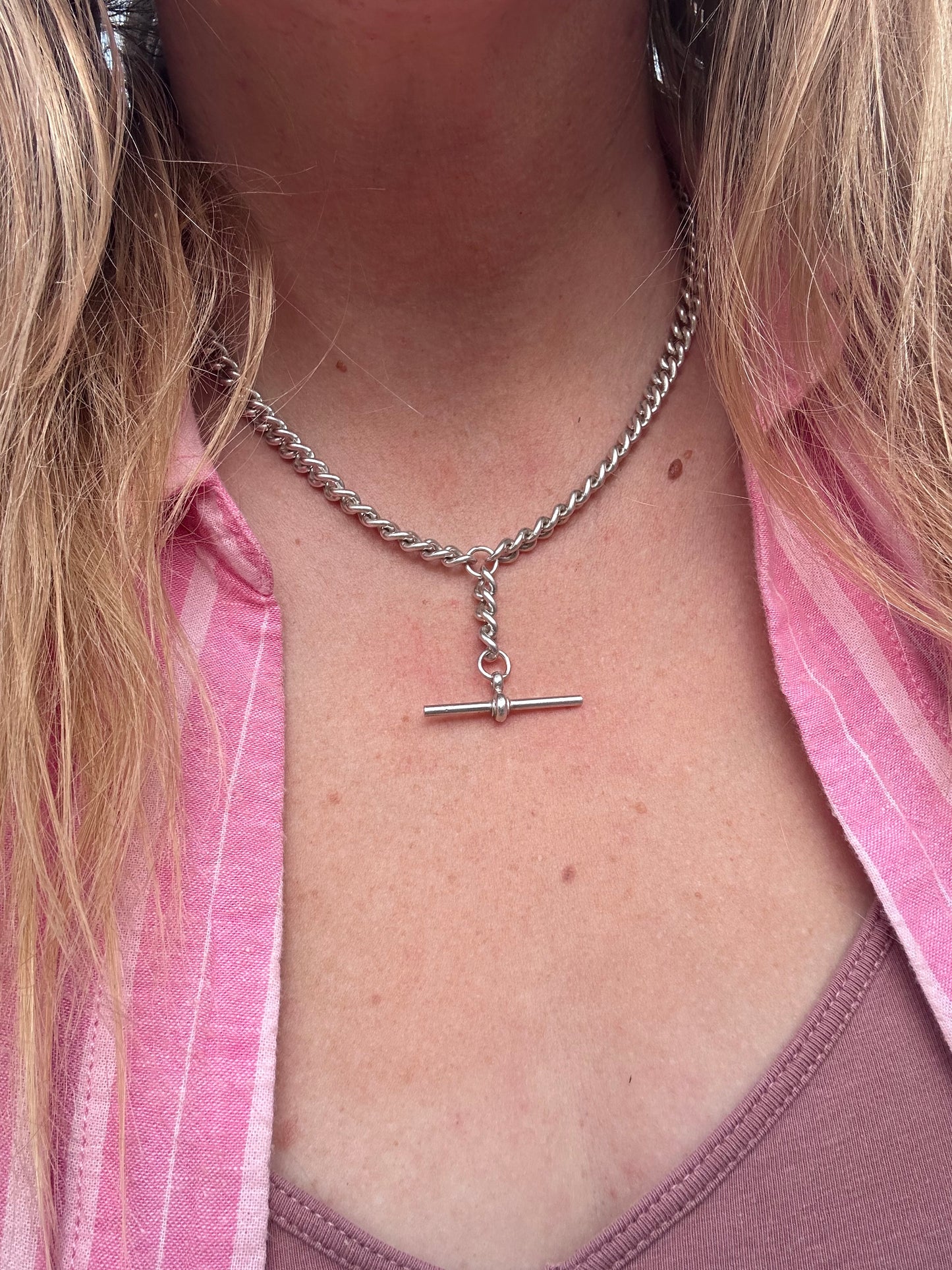 Vintage Sterling Silver curb Alber chain with T-bar