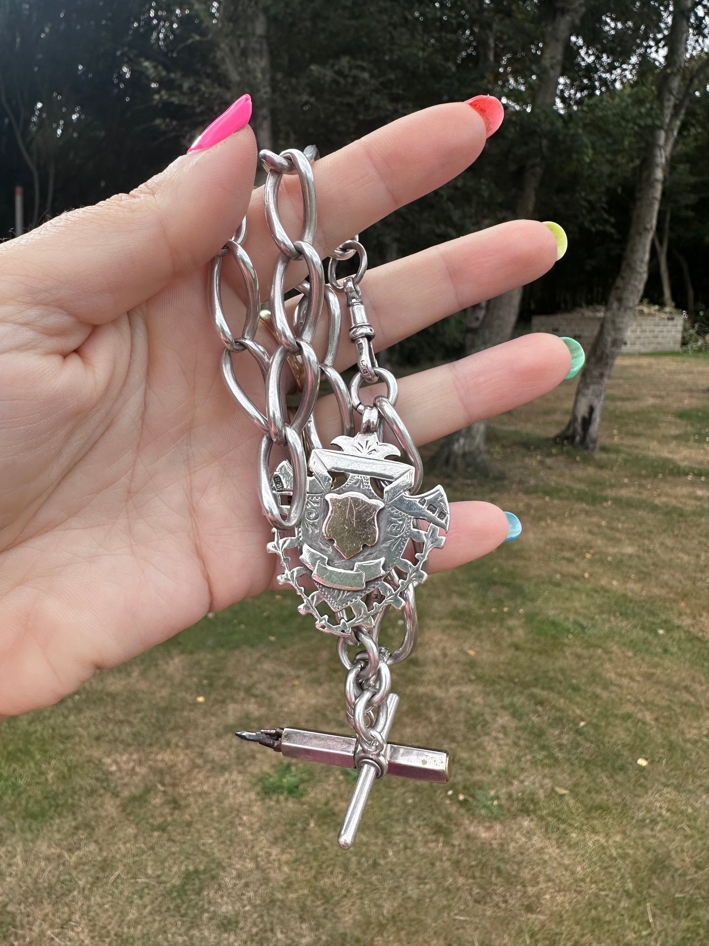 Antique Sterling Silver Open Curb Albert Chain with Sheild Fob, T-Bar and Silver plated pencil