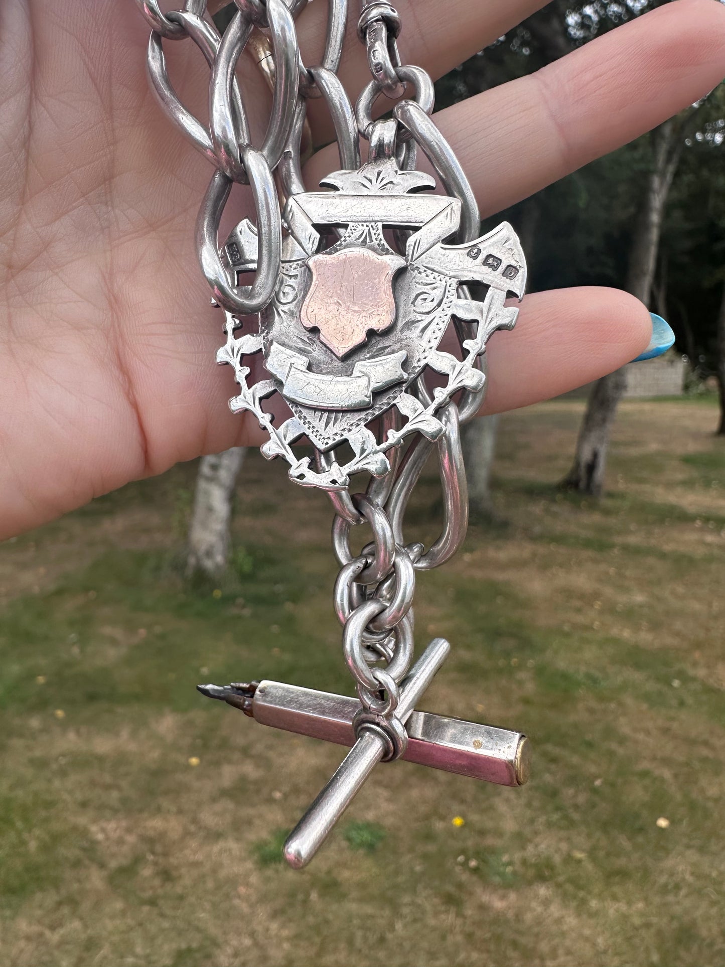 Antique Sterling Silver Open Curb Albert Chain with Sheild Fob, T-Bar and Silver plated pencil