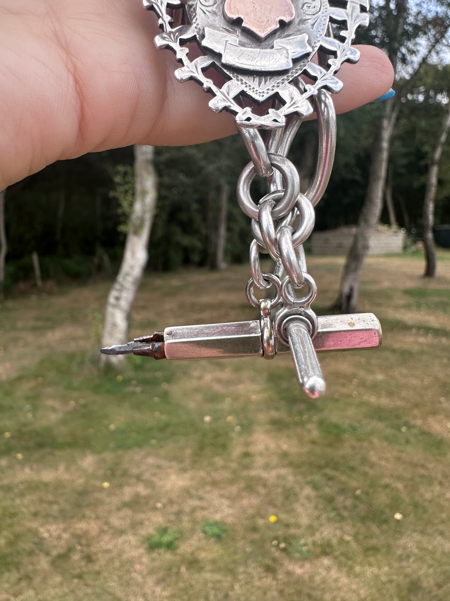 Antique Sterling Silver Open Curb Albert Chain with Sheild Fob, T-Bar and Silver plated pencil