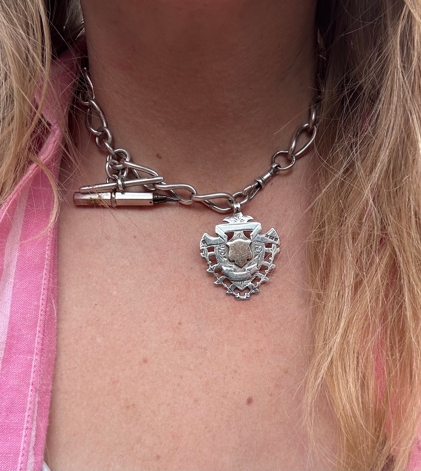 Antique Sterling Silver Open Curb Albert Chain with Sheild Fob, T-Bar and Silver plated pencil