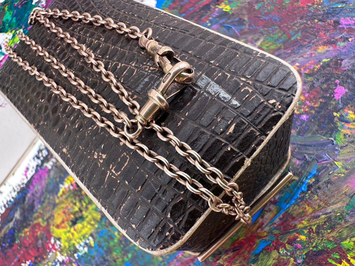 Reserved Belinda- Antique 9ct Rose Gold cable Albert chain with floating T-bar and double dog clips
