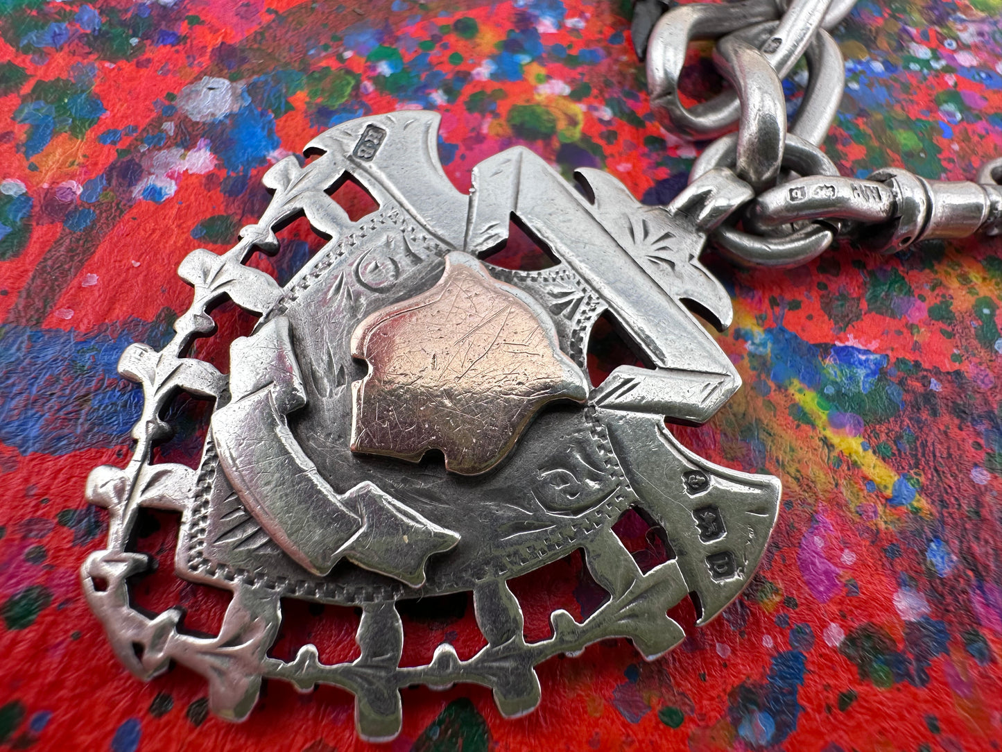 Antique Sterling Silver Open Curb Albert Chain with Sheild Fob, T-Bar and Silver plated pencil