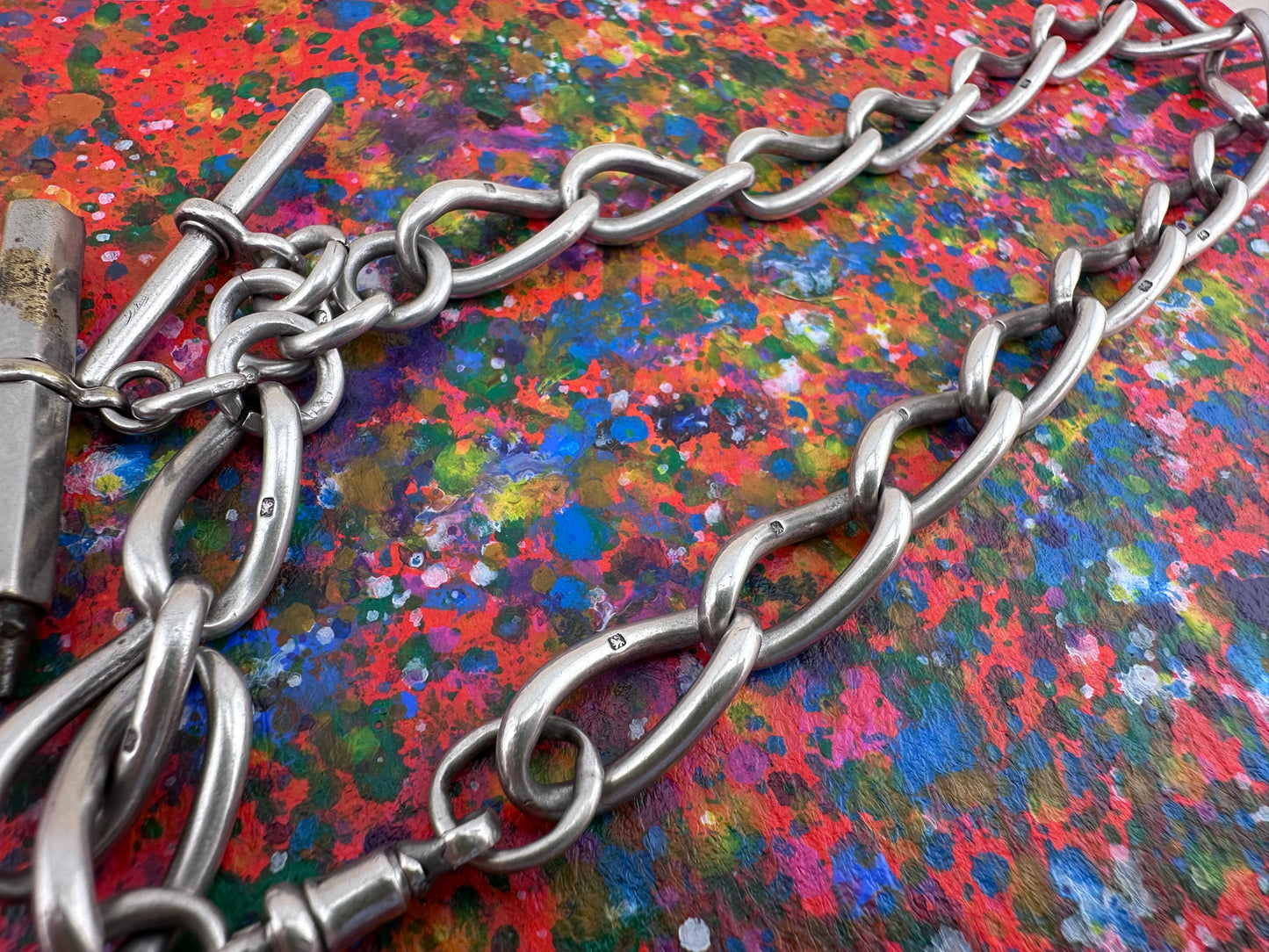 Antique Sterling Silver Open Curb Albert Chain with Sheild Fob, T-Bar and Silver plated pencil