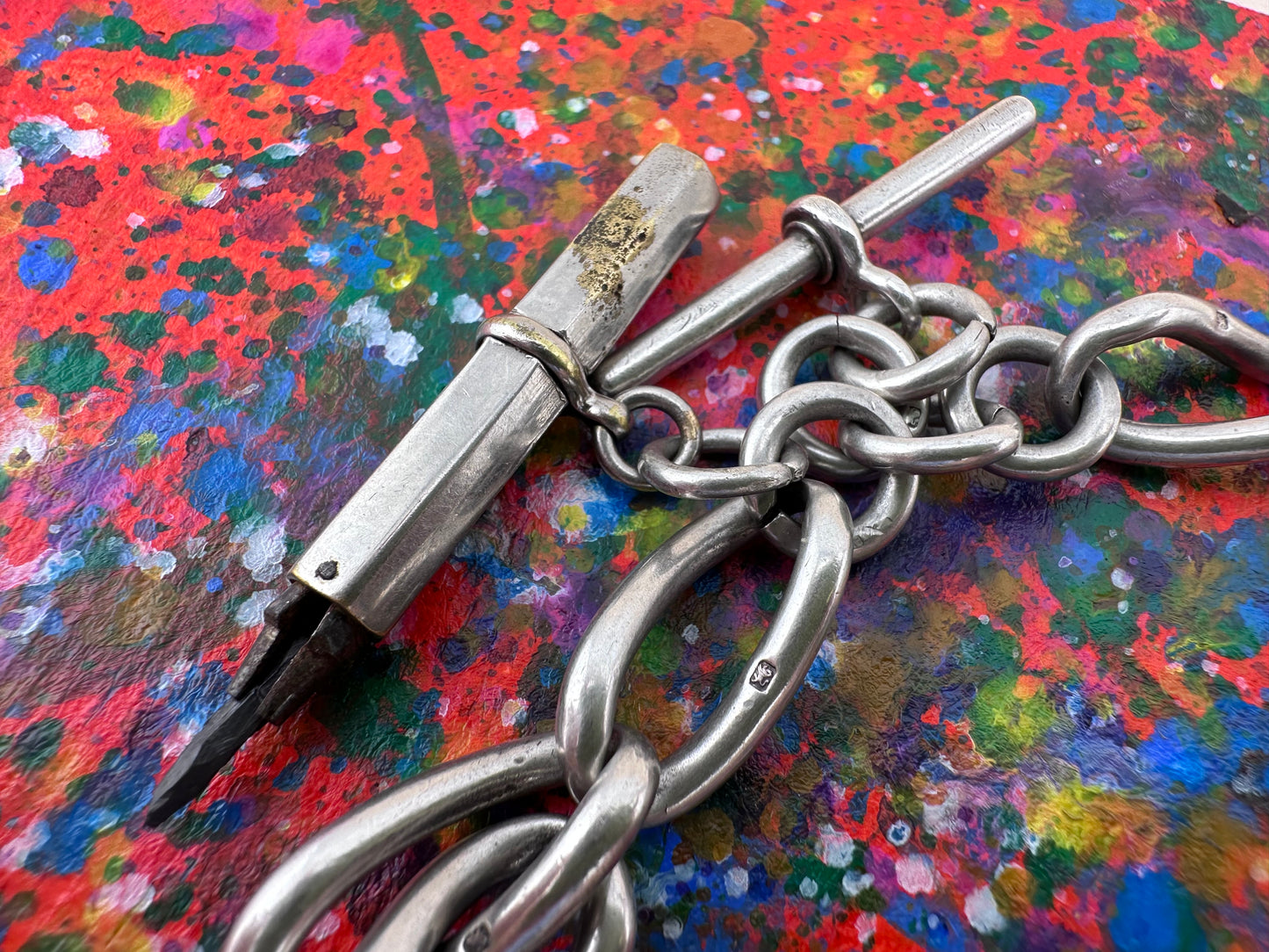 Antique Sterling Silver Open Curb Albert Chain with Sheild Fob, T-Bar and Silver plated pencil
