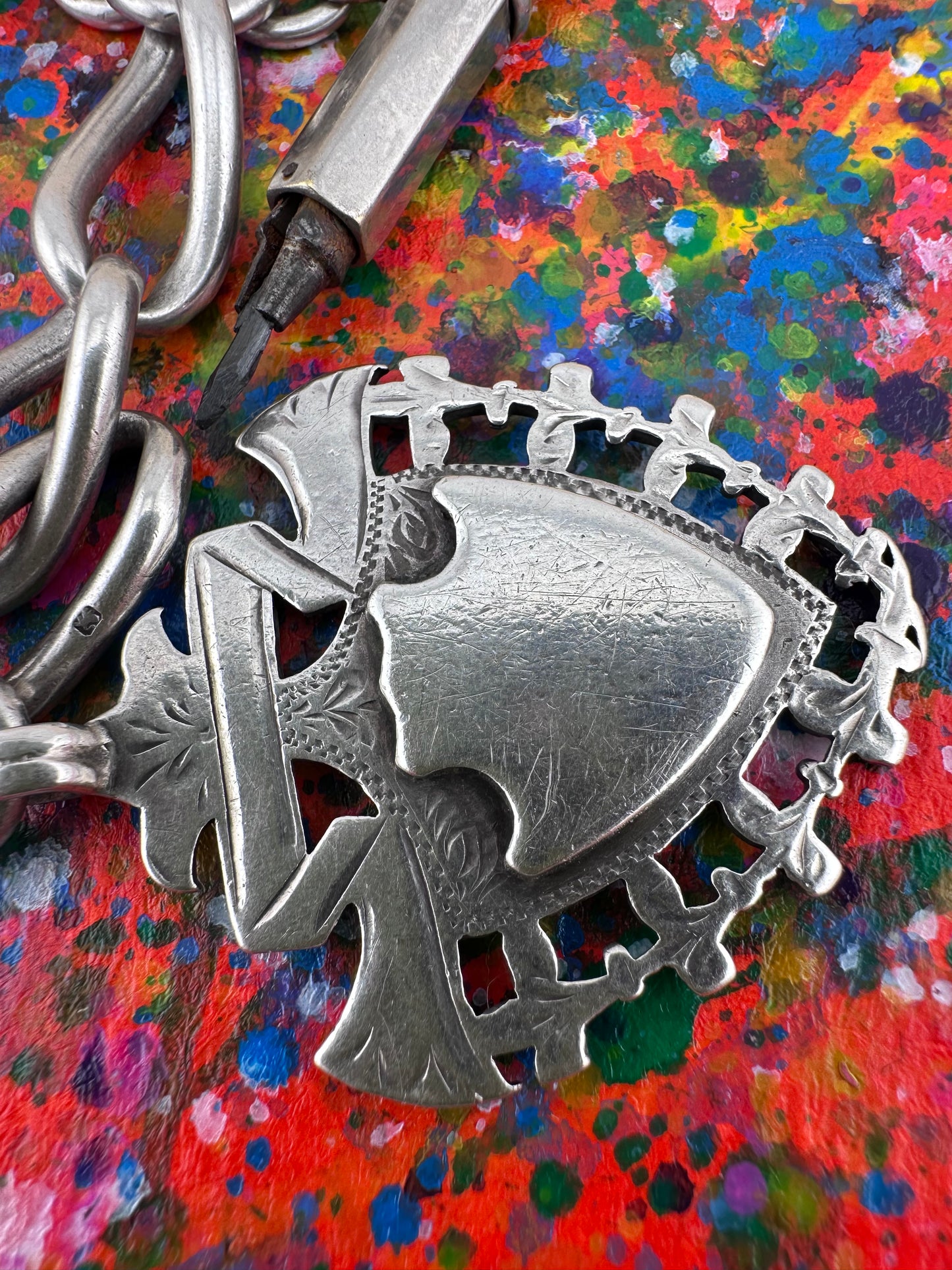Antique Sterling Silver Open Curb Albert Chain with Sheild Fob, T-Bar and Silver plated pencil