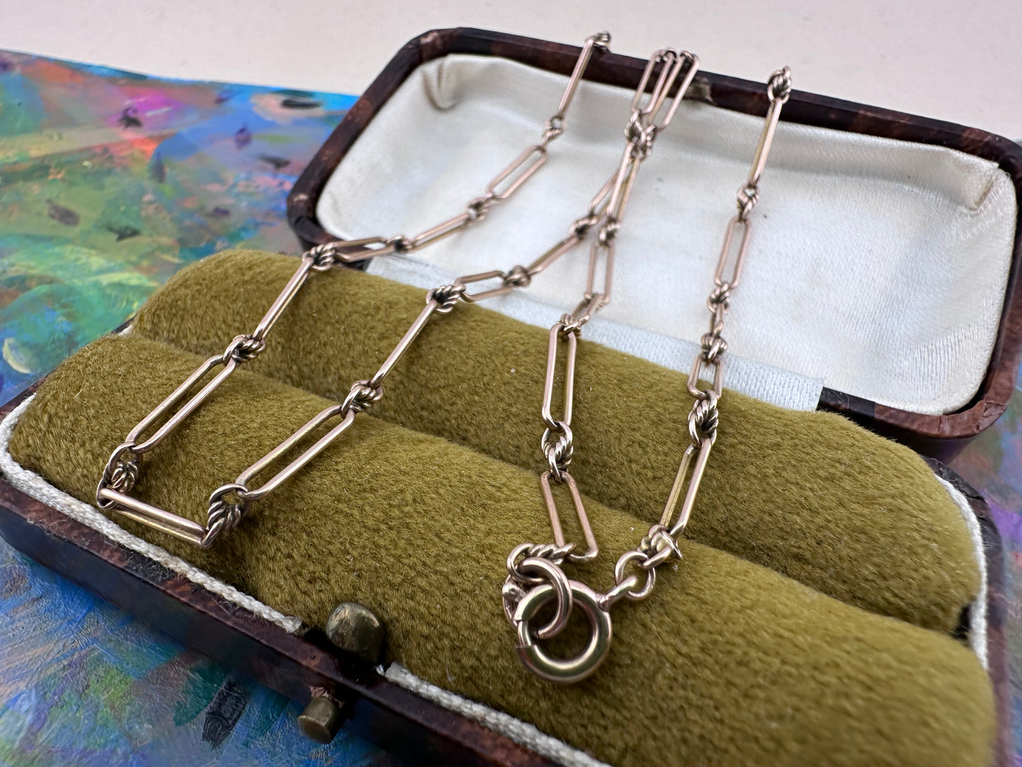 Antique 9ct Rose Gold mini trombone and lovers knot chain