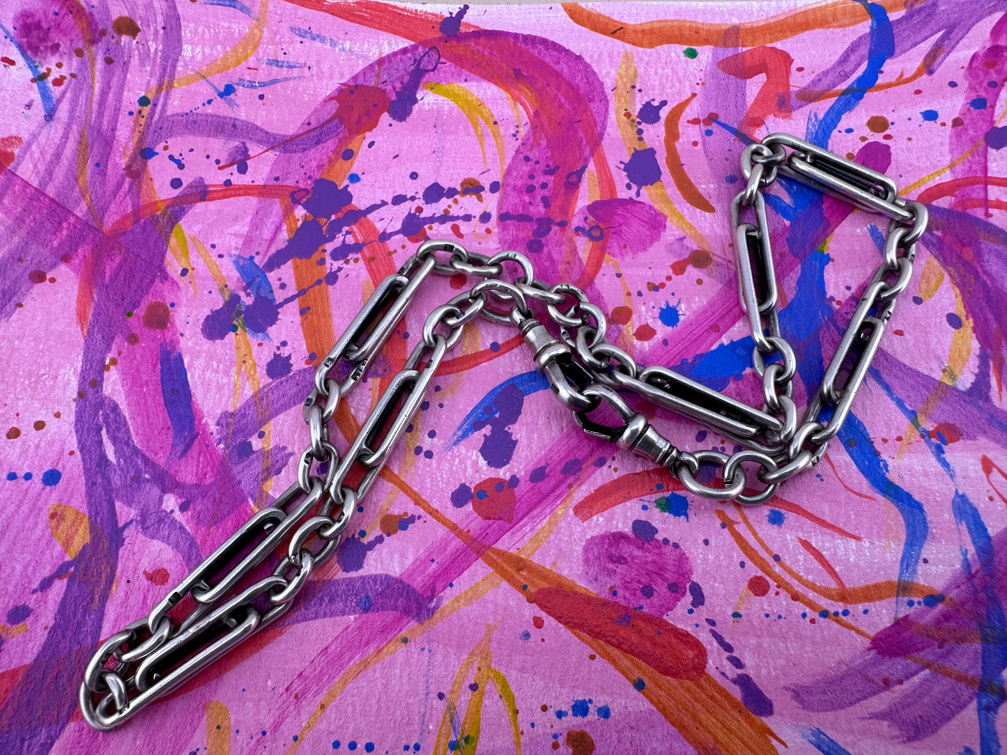 Antique Sterling Silver double Trombone chain with two dog clips