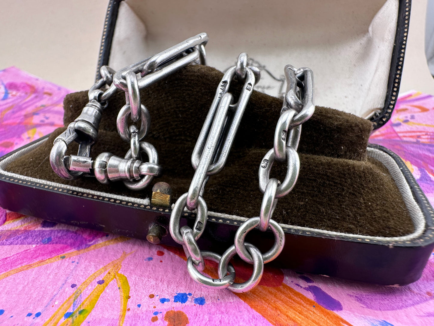 Antique Sterling Silver double Trombone chain with two dog clips
