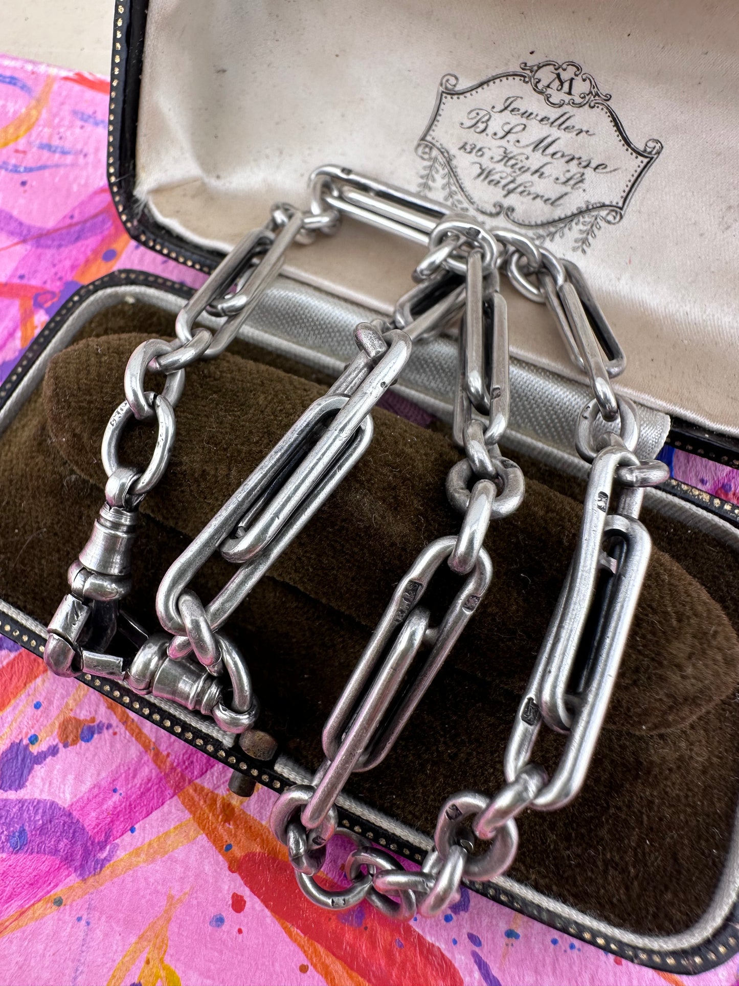 Antique Sterling Silver double Trombone chain with two dog clips