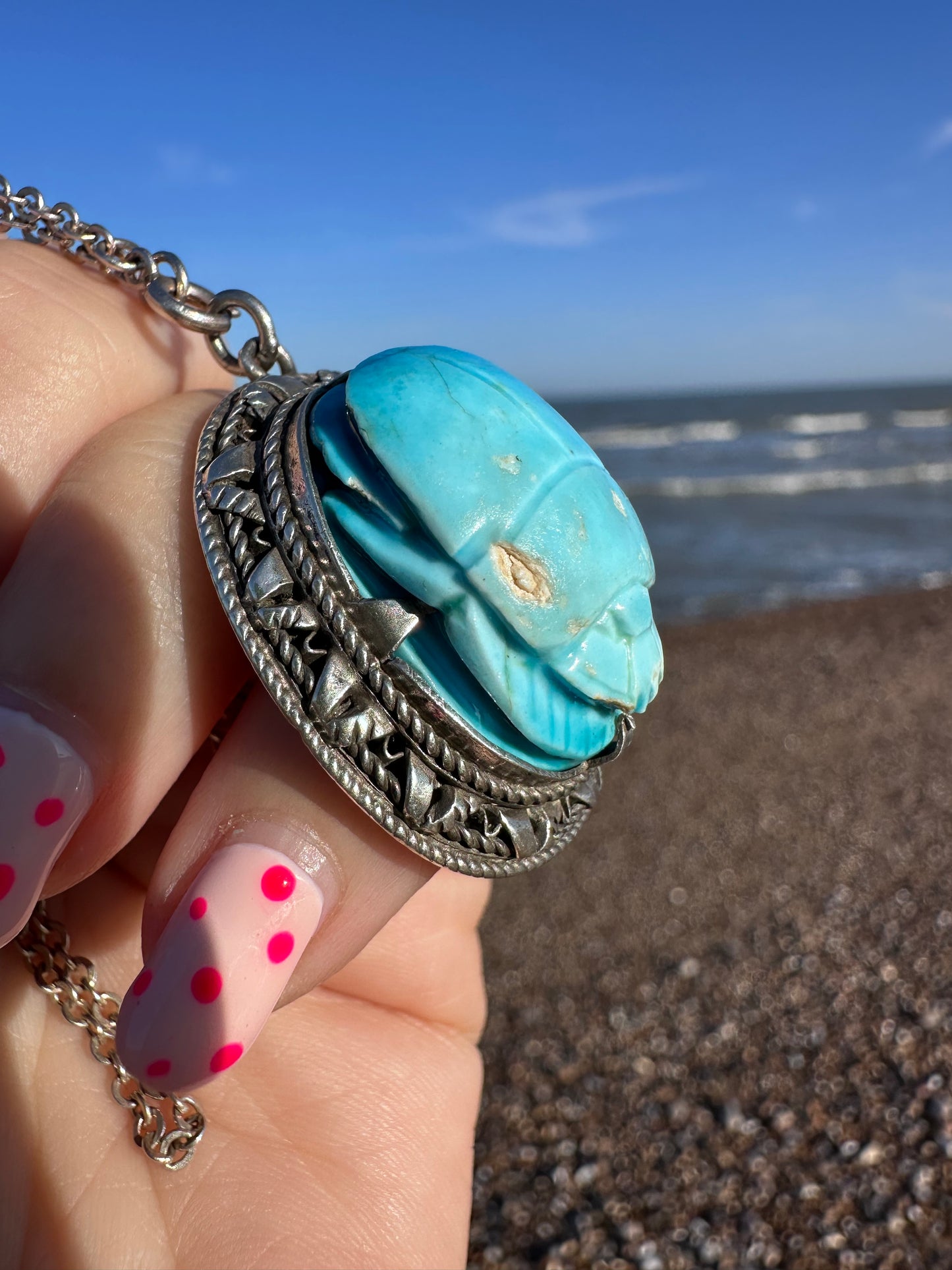 Sterling silver Faience Scarab Pendant with Sterling chain