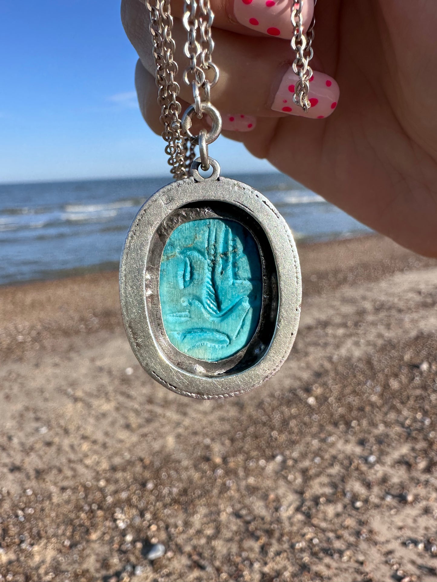 Sterling silver Faience Scarab Pendant with Sterling chain