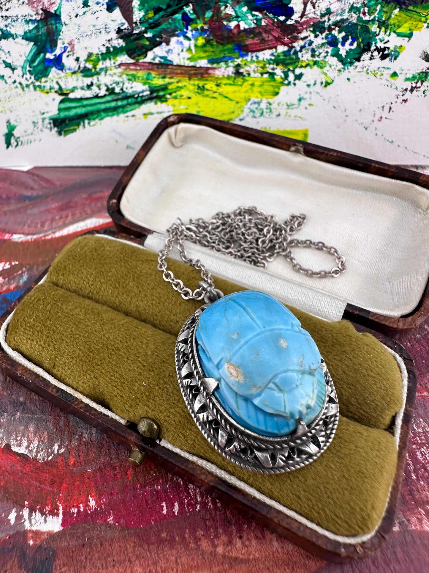 Sterling silver Faience Scarab Pendant with Sterling chain