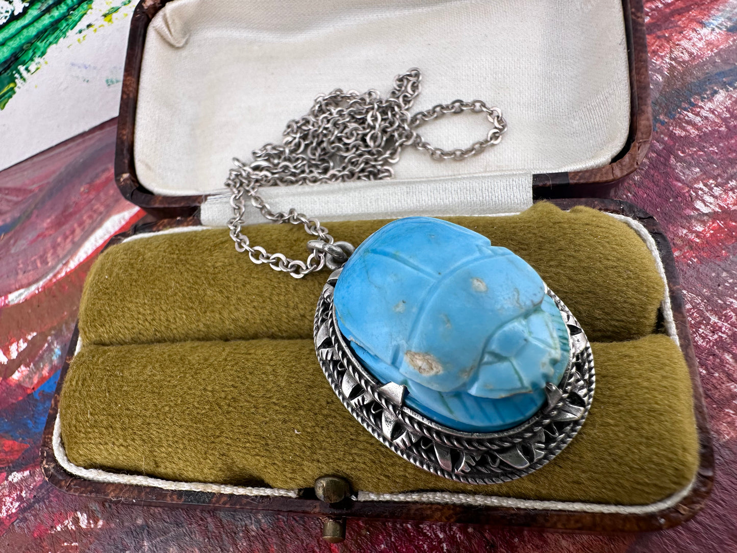 Sterling silver Faience Scarab Pendant with Sterling chain