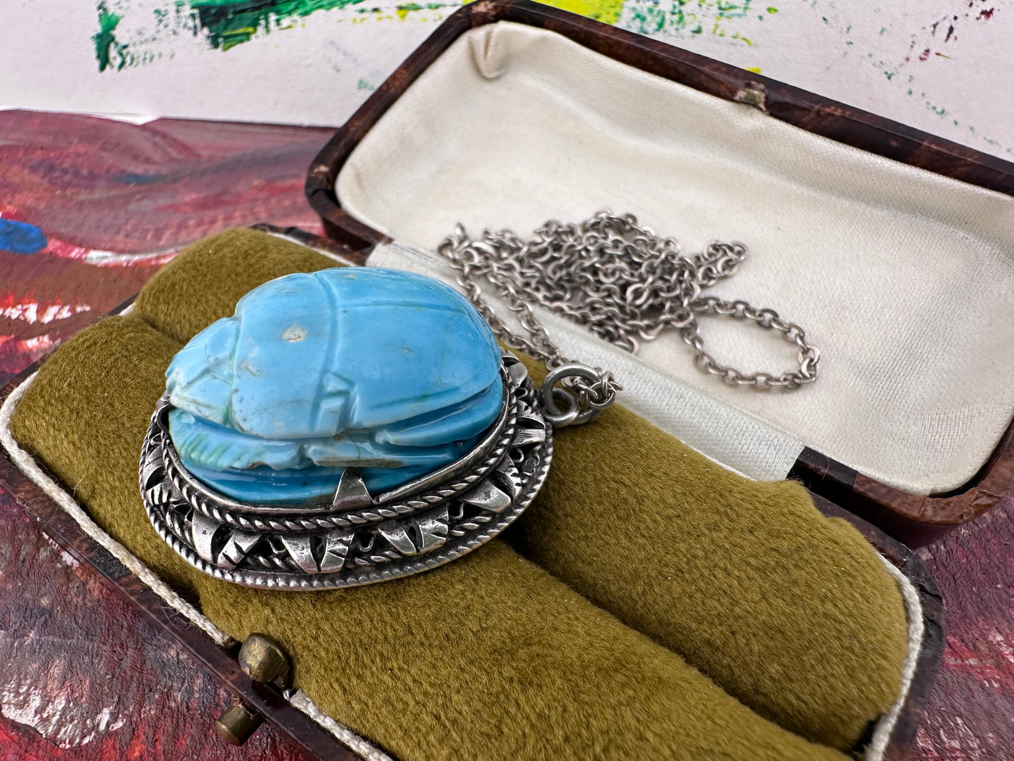 Sterling silver Faience Scarab Pendant with Sterling chain