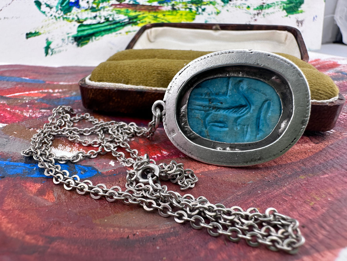 Sterling silver Faience Scarab Pendant with Sterling chain