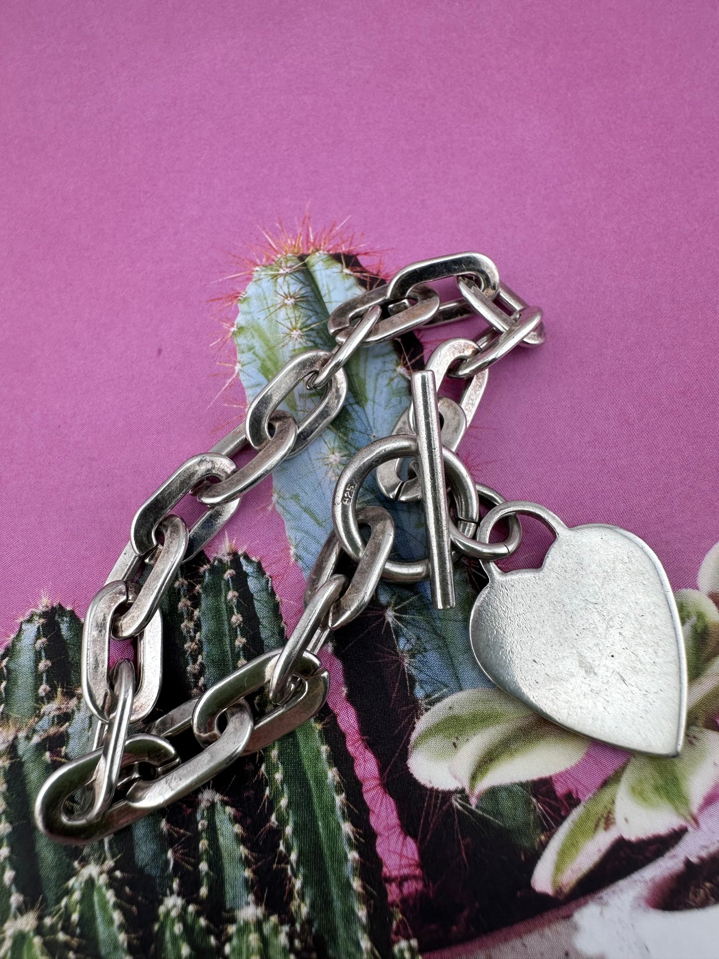 Vintage Sterling Silver paperclip bracelet with heart toggle