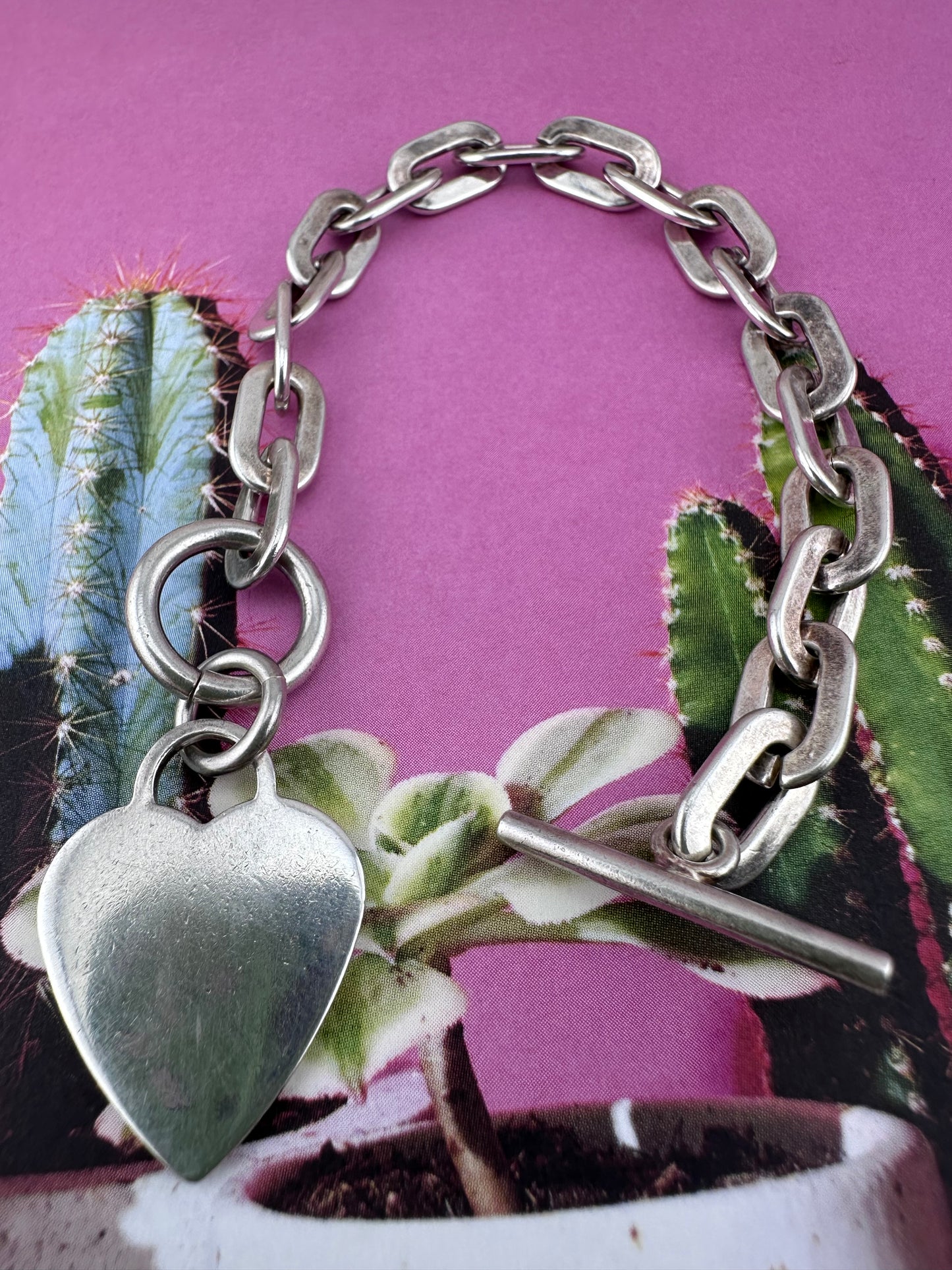 Vintage Sterling Silver paperclip bracelet with heart toggle