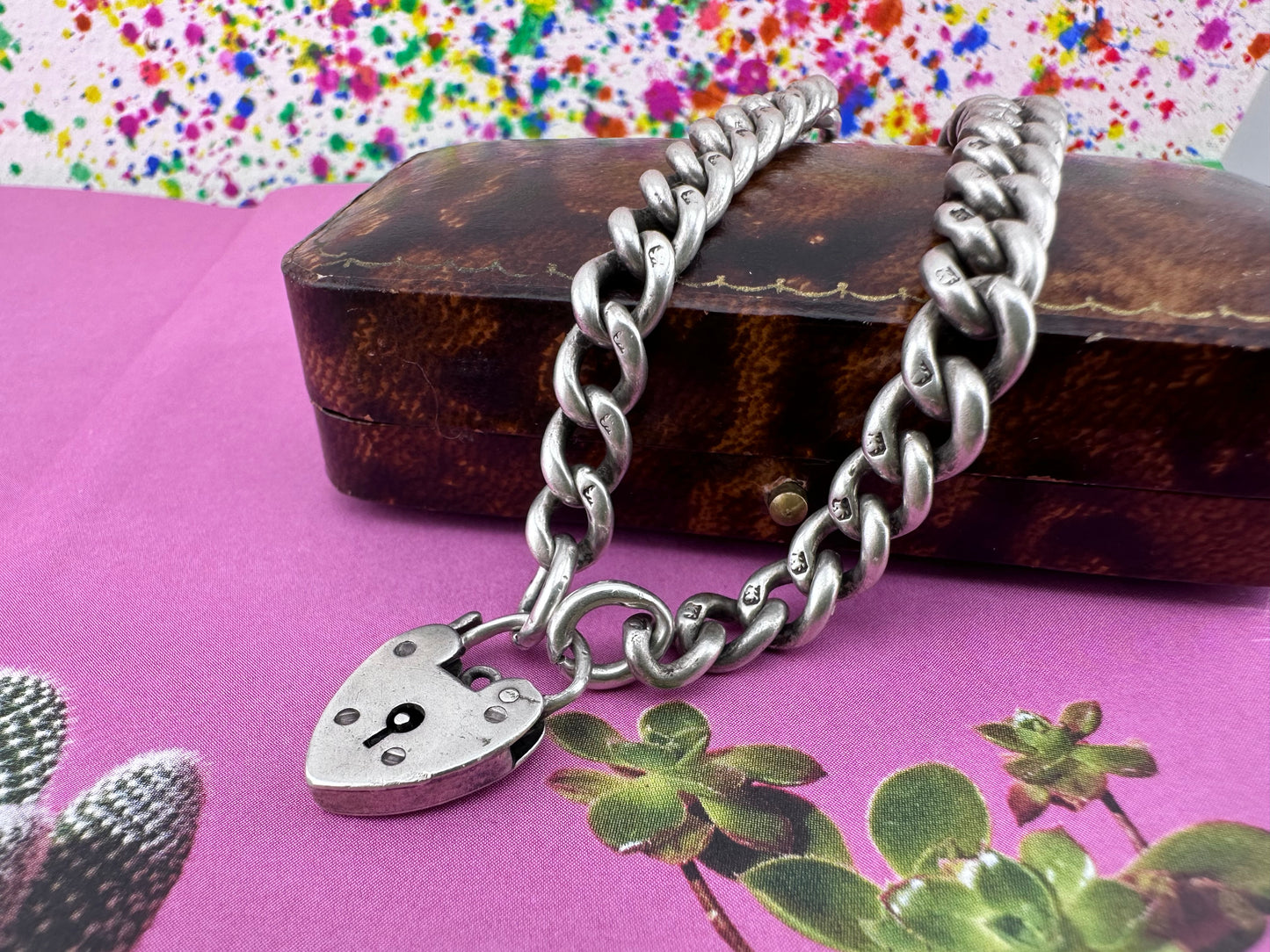 Antique Sterling silver graduated curb bracelet with vintage heart padlock clasp