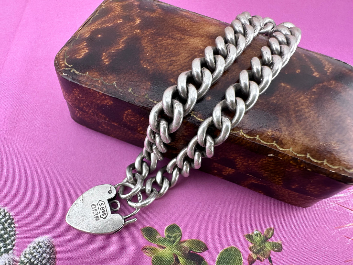 Antique Sterling silver graduated curb bracelet with vintage heart padlock clasp