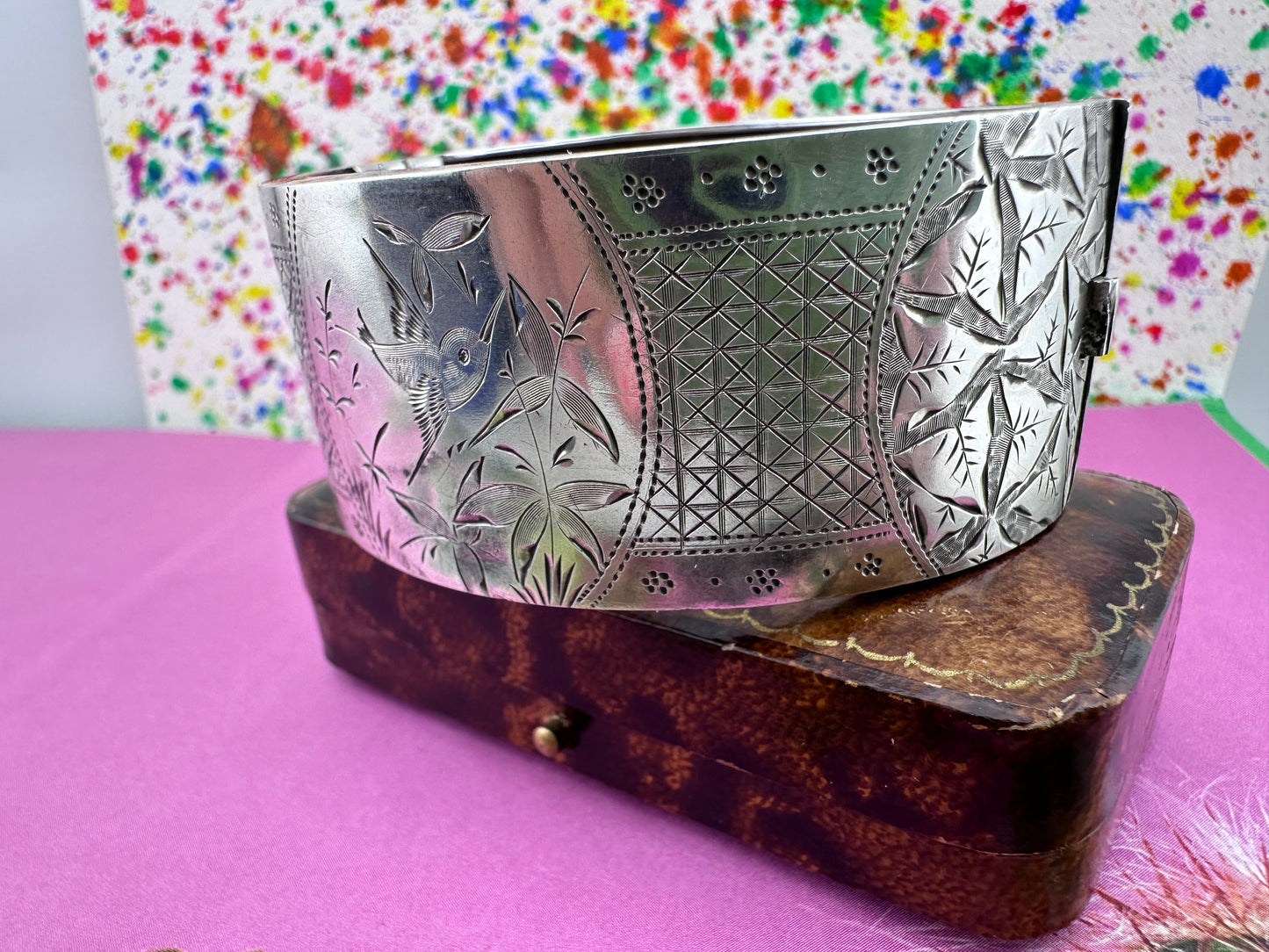 Antique Sterling silver Engraved hinged Cuff/Bangle