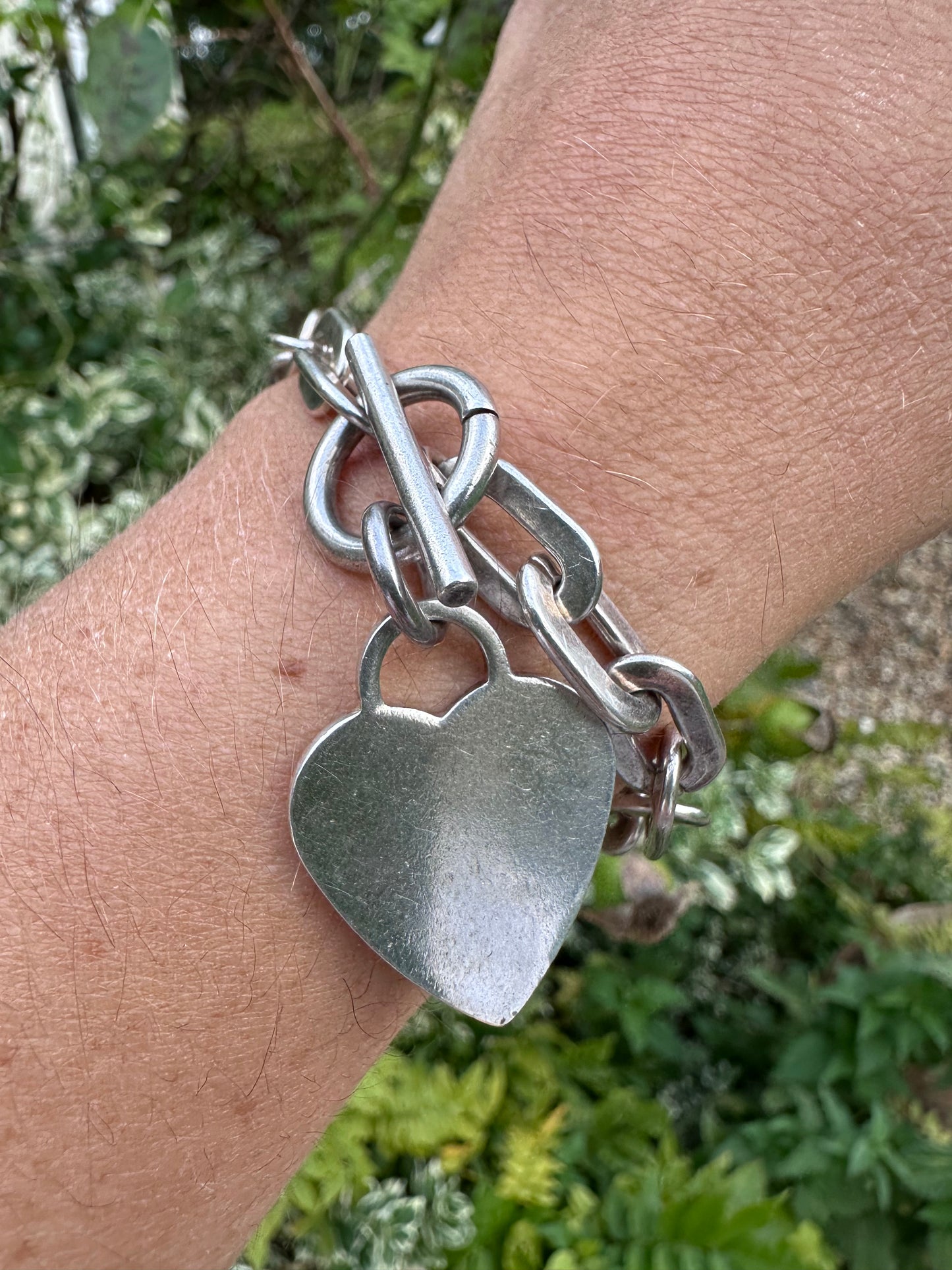Vintage Sterling Silver paperclip bracelet with heart toggle
