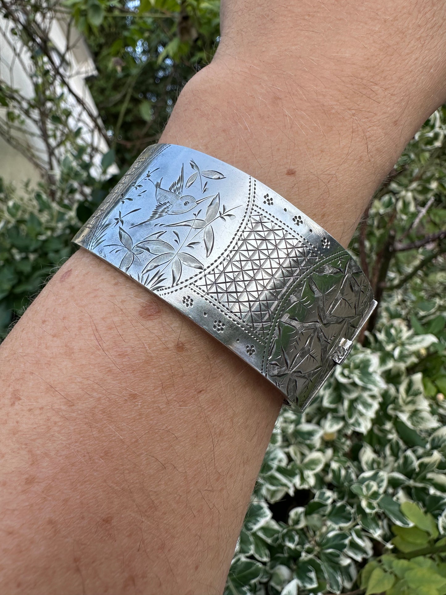 Antique Sterling silver Engraved hinged Cuff/Bangle