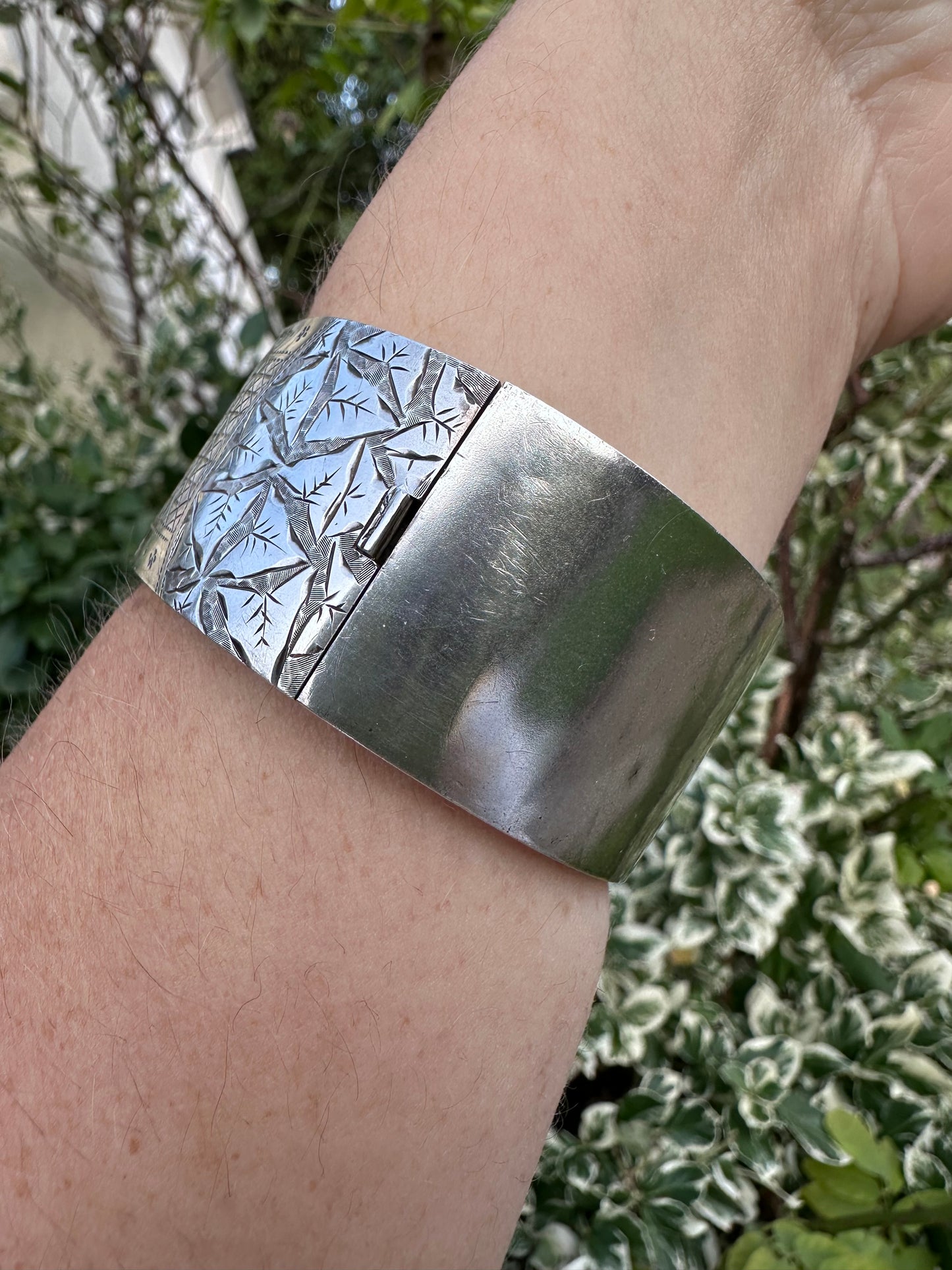 Antique Sterling silver Engraved hinged Cuff/Bangle