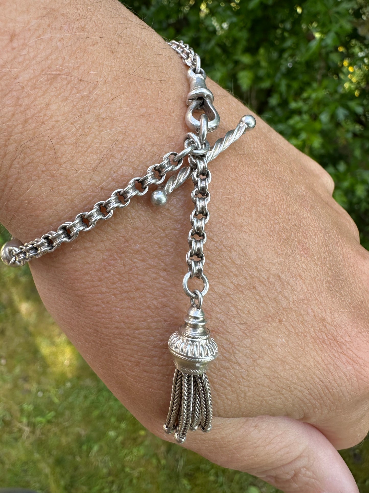 Silver Albertina Bracelet with Tassel, T-Bar & Dog Clip