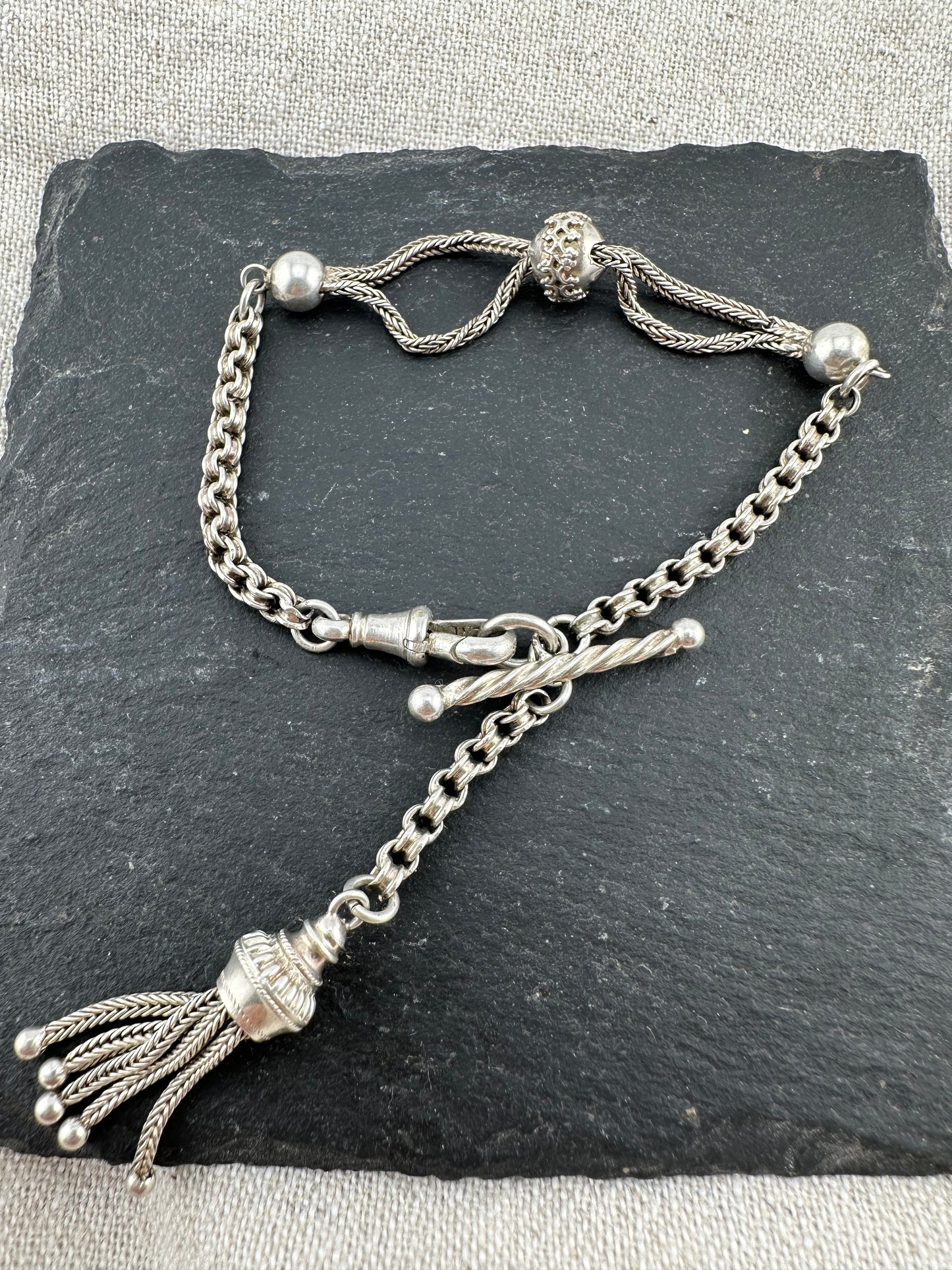 Silver Albertina Bracelet with Tassel, T-Bar & Dog Clip