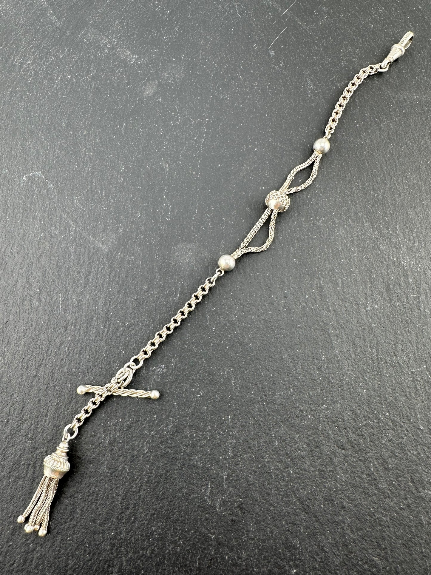 Silver Albertina Bracelet with Tassel, T-Bar & Dog Clip