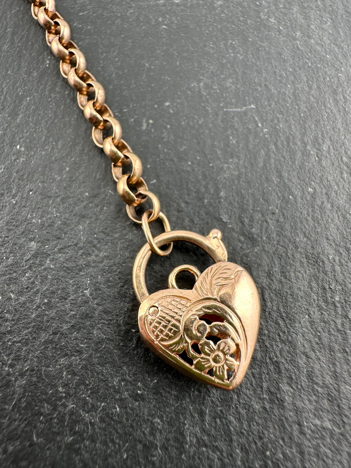 Vintage 9ct Rose Gold Rolo bracelet with heart padlock