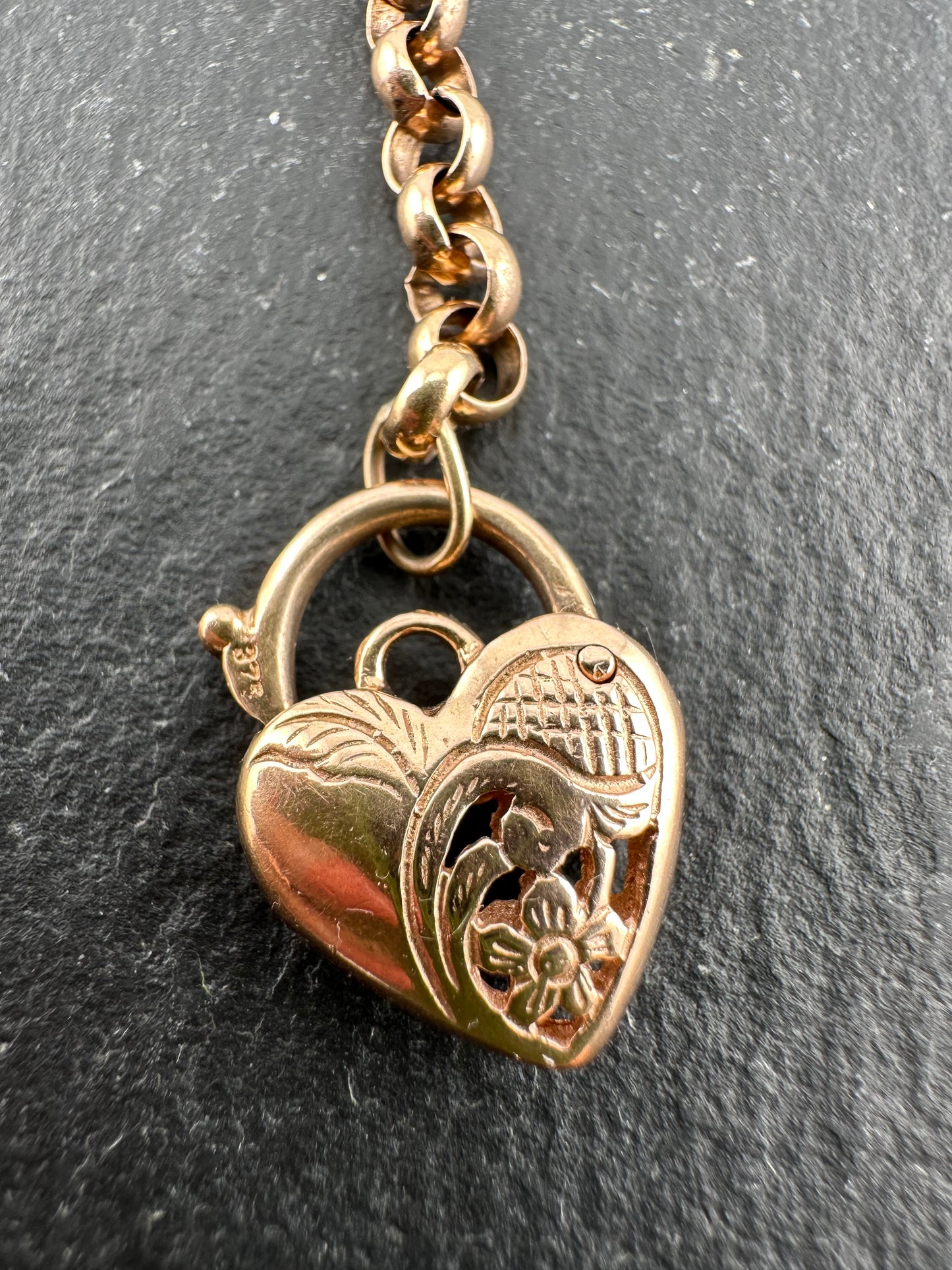 Vintage 9ct Rose Gold Rolo bracelet with heart padlock
