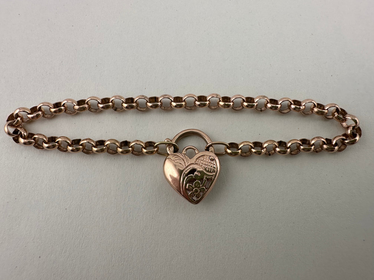 Vintage 9ct Rose Gold Rolo bracelet with heart padlock