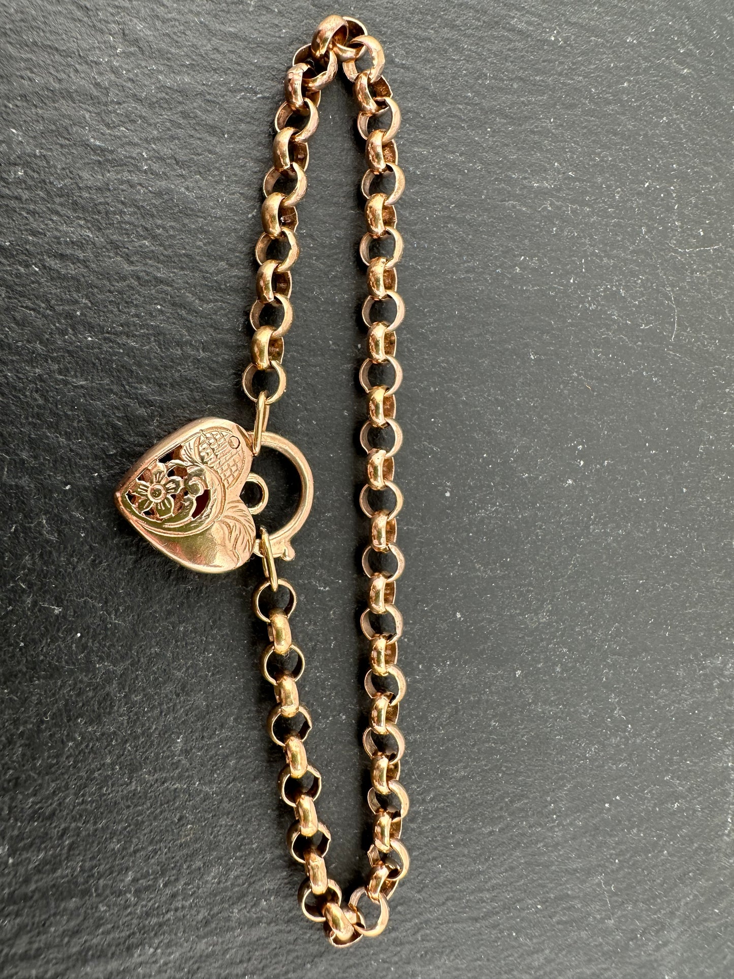 Vintage 9ct Rose Gold Rolo bracelet with heart padlock