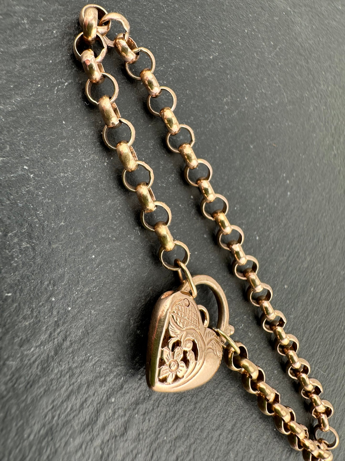 Vintage 9ct Rose Gold Rolo bracelet with heart padlock
