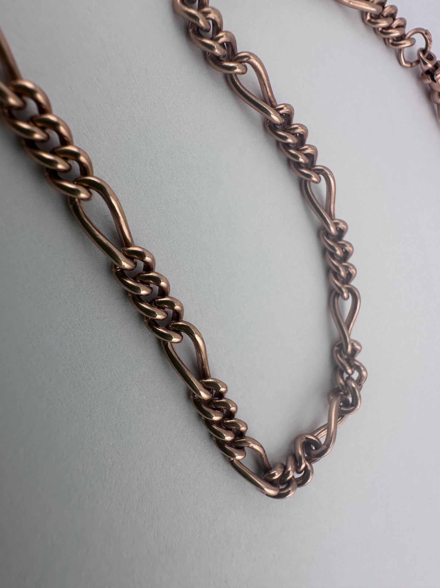 Vintage 9ct Rose Gold Figaro/long and short link chain with 2 dog clips and t-bar