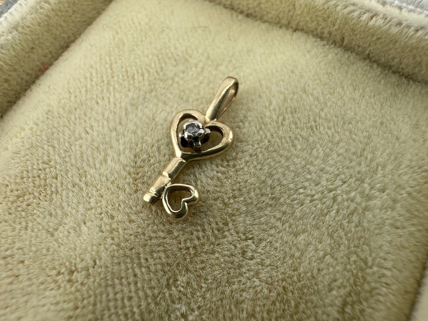 Vintage 9ct Gold Heart Key charm with diamond