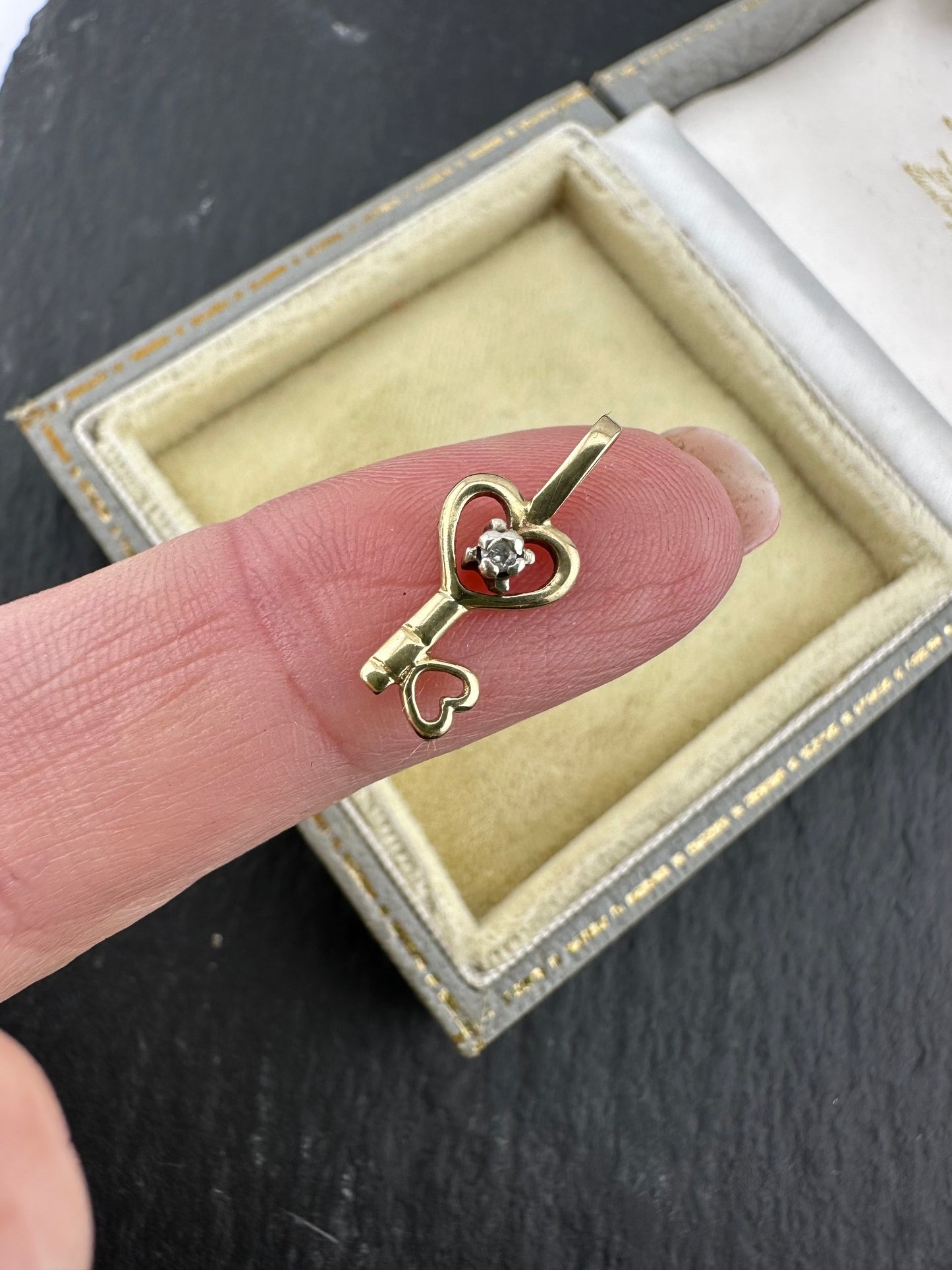 Vintage 9ct Gold Heart Key charm with diamond