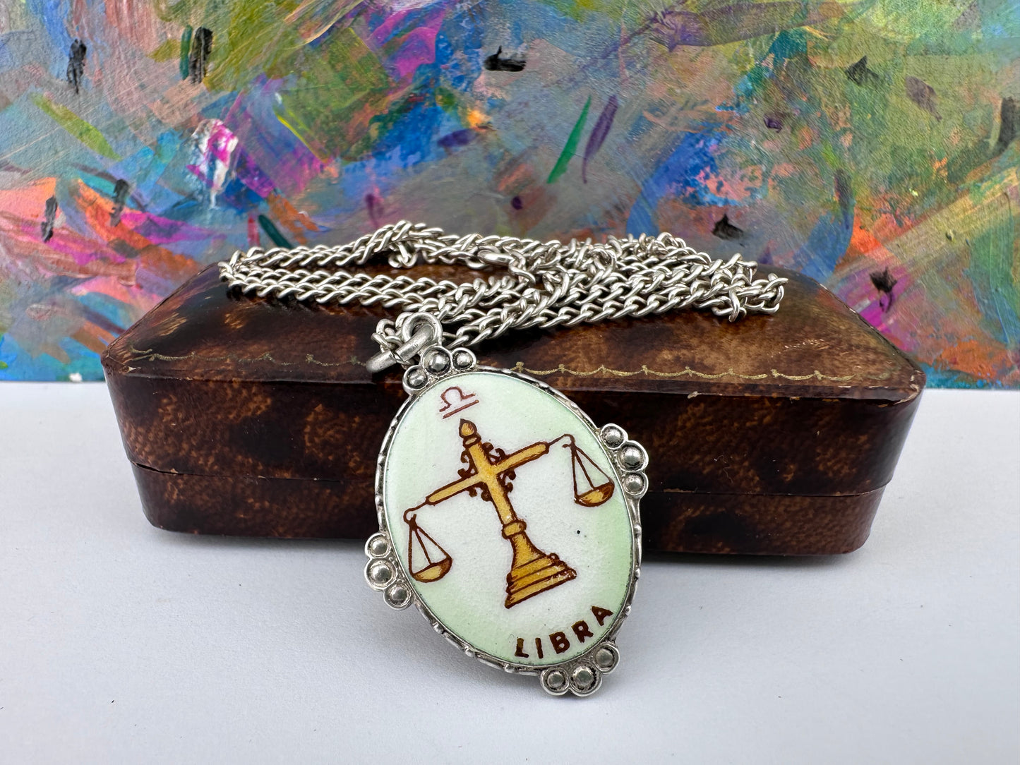 Sterling Silver Enamel Libra Pendant with silver curb chain