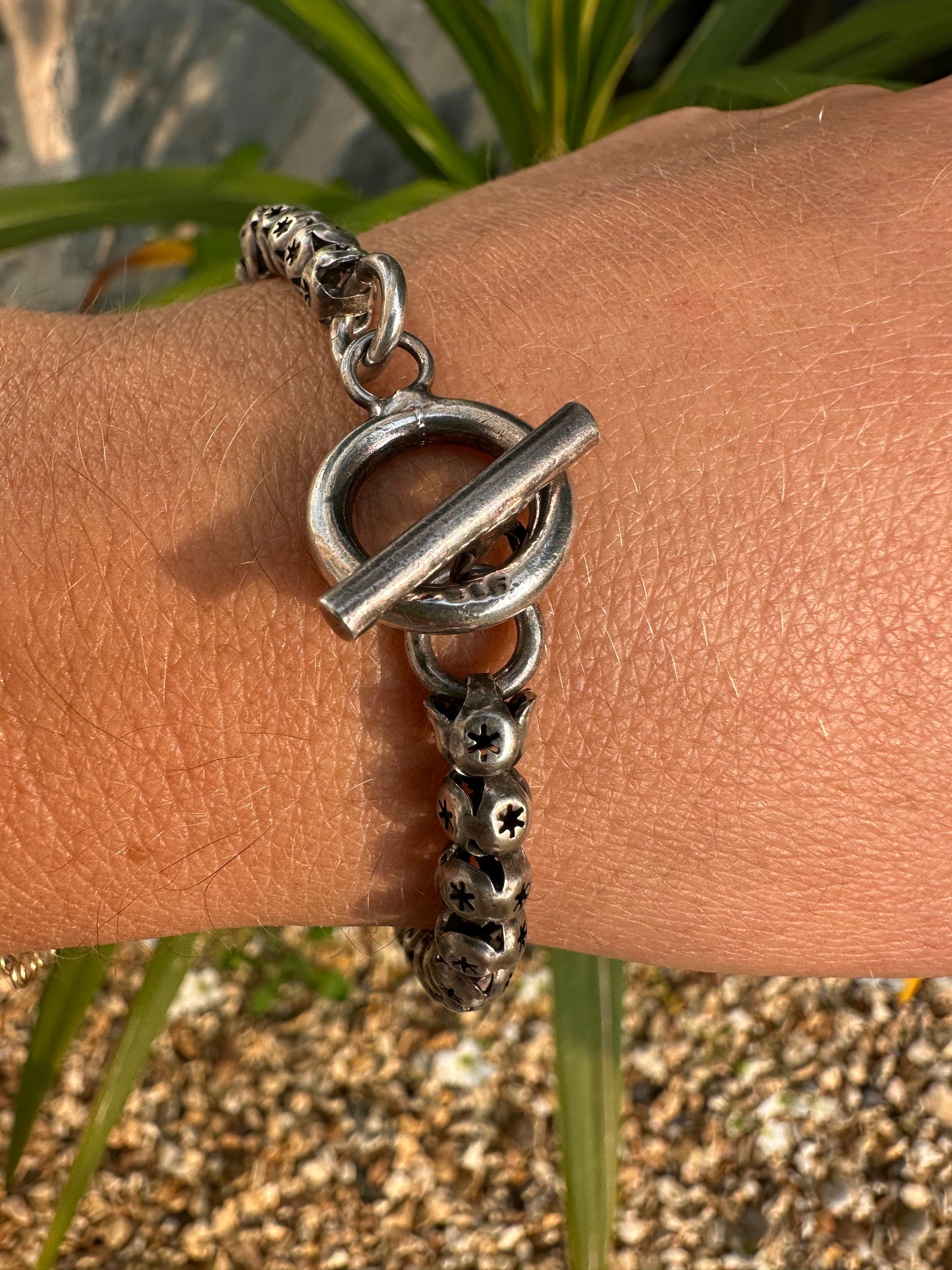 Sterling Silver Star Pierced Ball link bracelet with toggle clasp