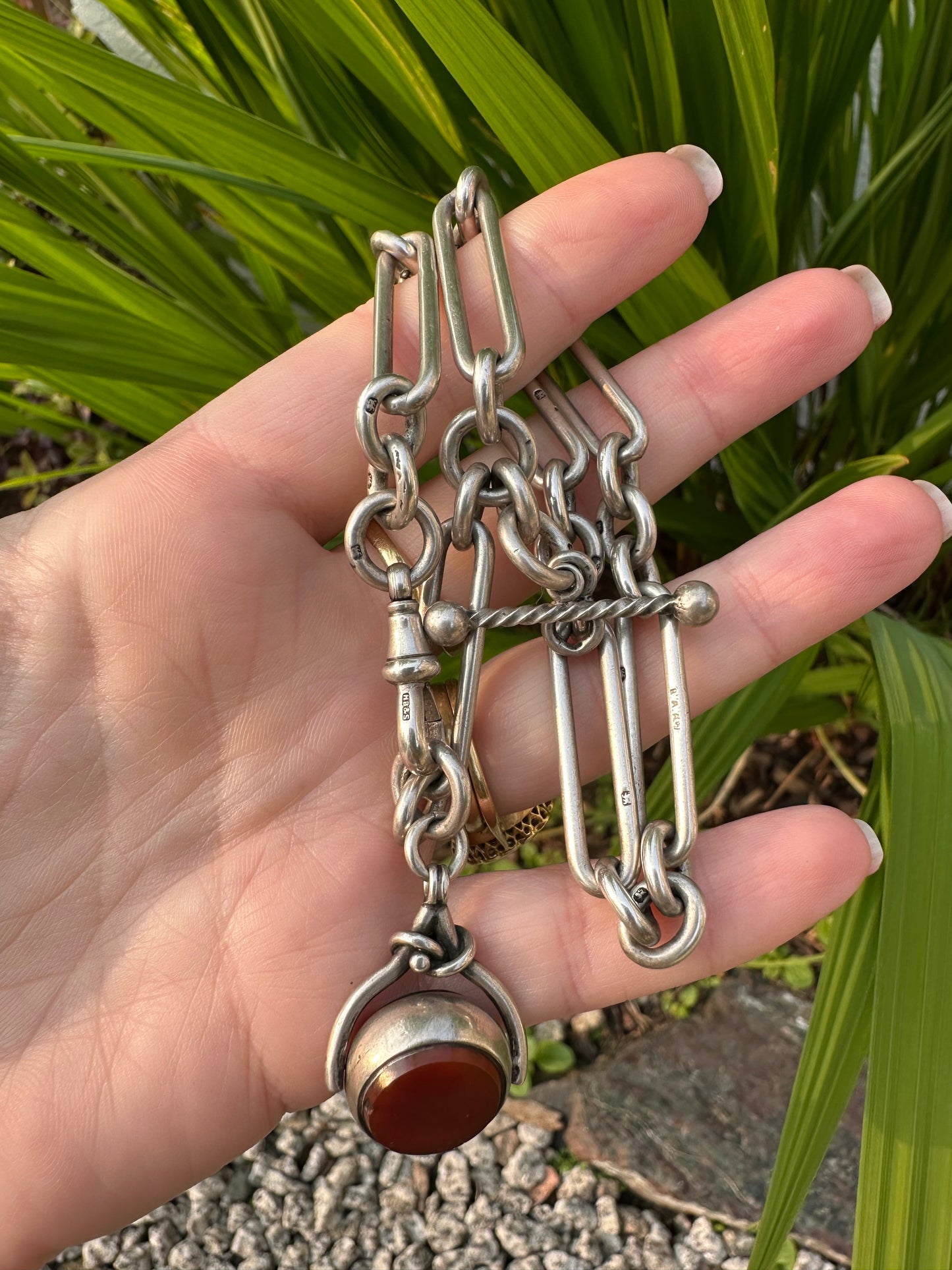 Antique Sterling Silver Trombone Albert chain with fob, 1886