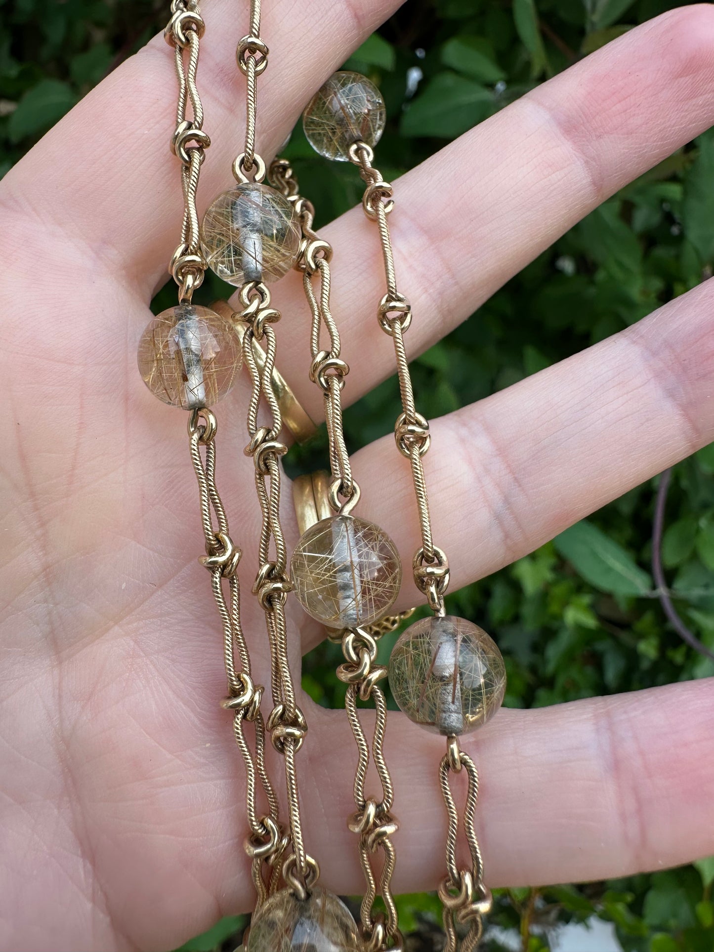 Vintage 9ct Yellow gold Ribbed Infinity link with Rutilated Quartz beads