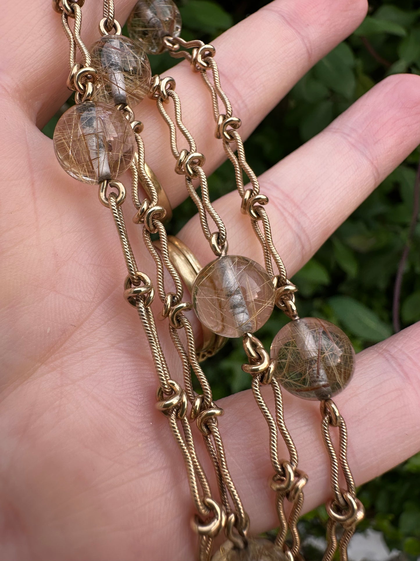 Vintage 9ct Yellow gold Ribbed Infinity link with Rutilated Quartz beads