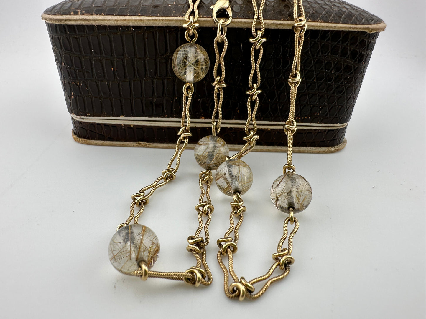 Vintage 9ct Yellow gold Ribbed Infinity link with Rutilated Quartz beads