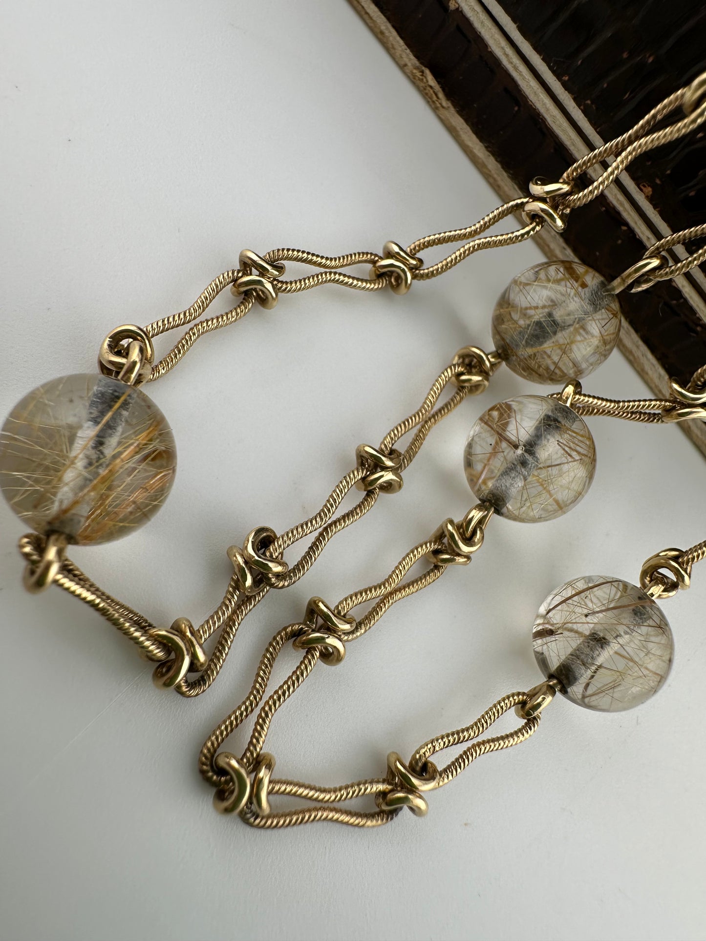 Vintage 9ct Yellow gold Ribbed Infinity link with Rutilated Quartz beads