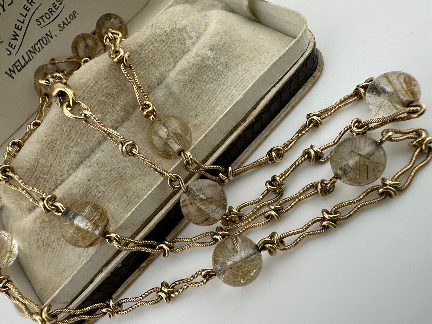 Vintage 9ct Yellow gold Ribbed Infinity link with Rutilated Quartz beads