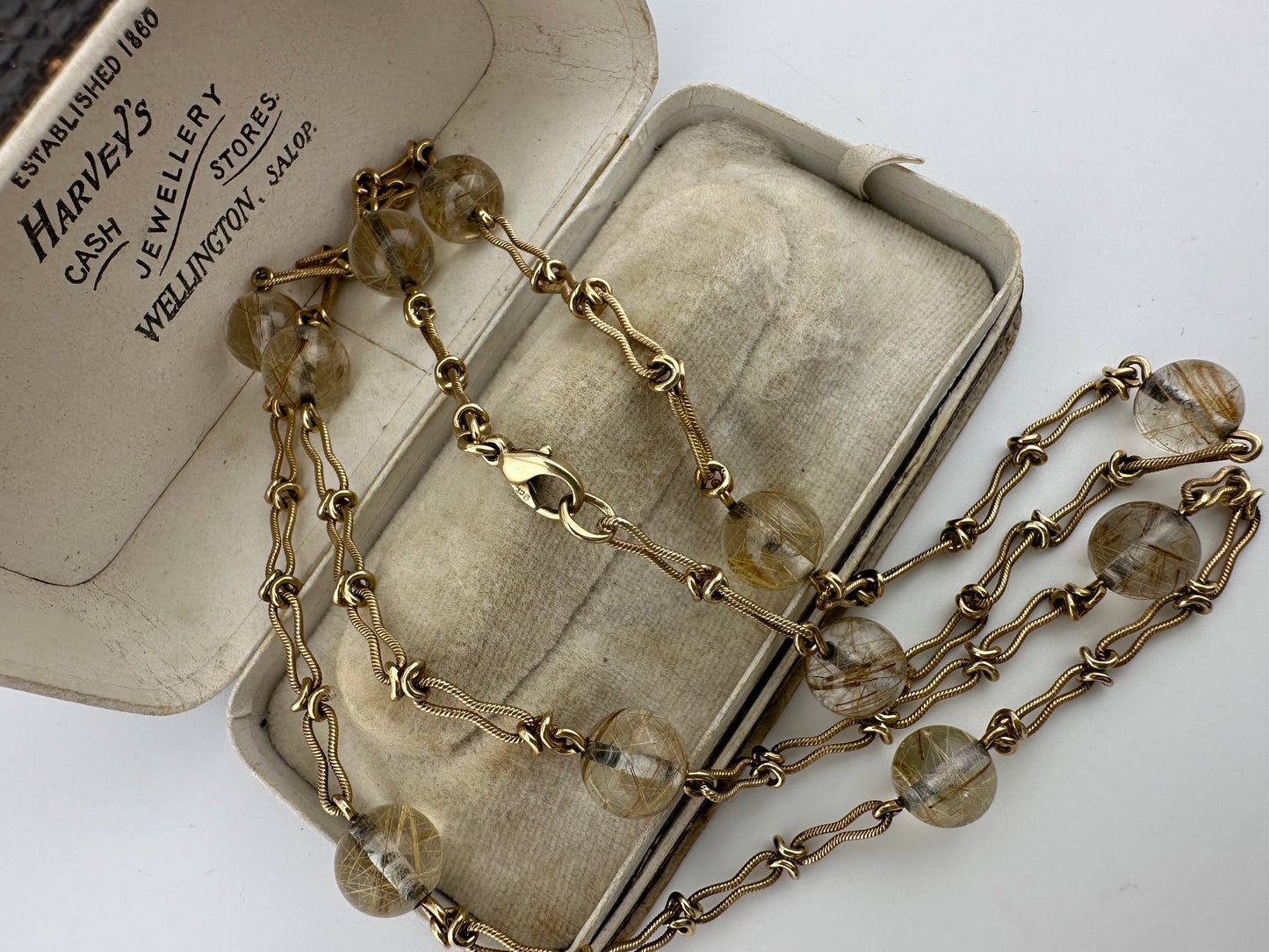 Vintage 9ct Yellow gold Ribbed Infinity link with Rutilated Quartz beads